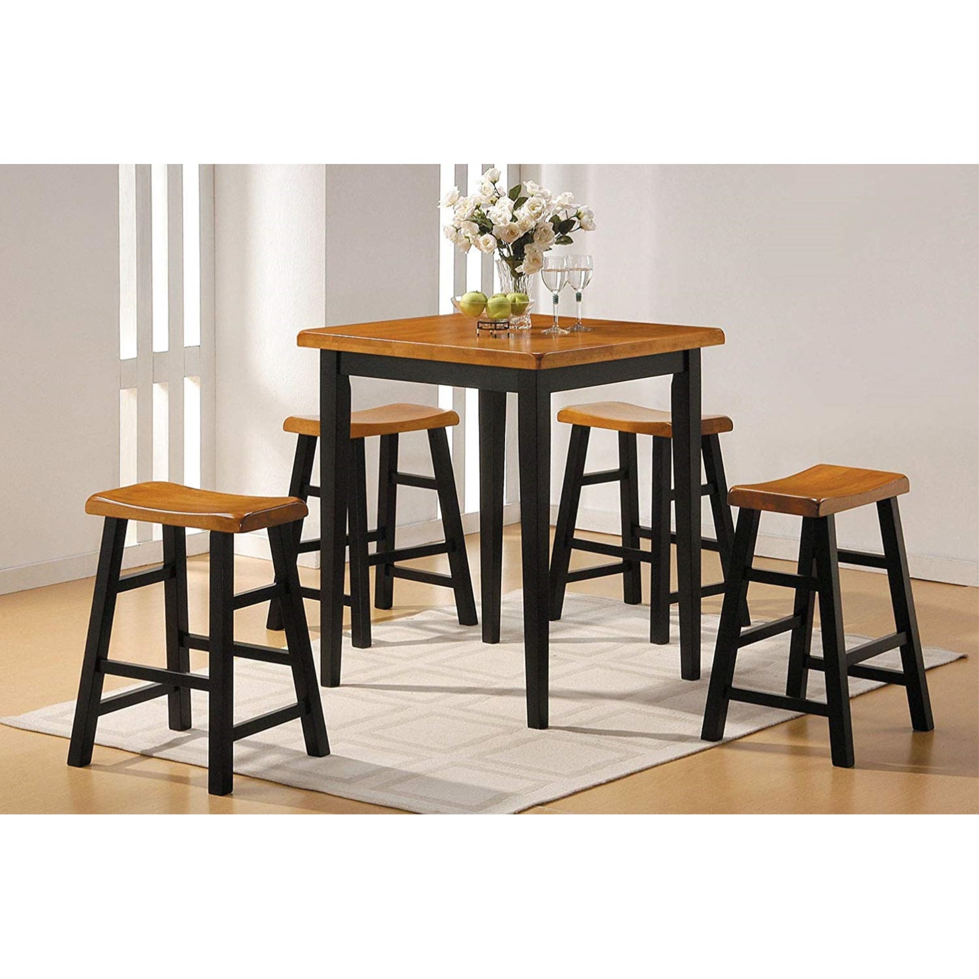 CasaFoyer Gaucho 5Pc Pack Counter Height Dining Set - Oak/Black Finish, Space-Saving Design, Square Leg Table, 4 Saddle Style Stools. Assembly Required.