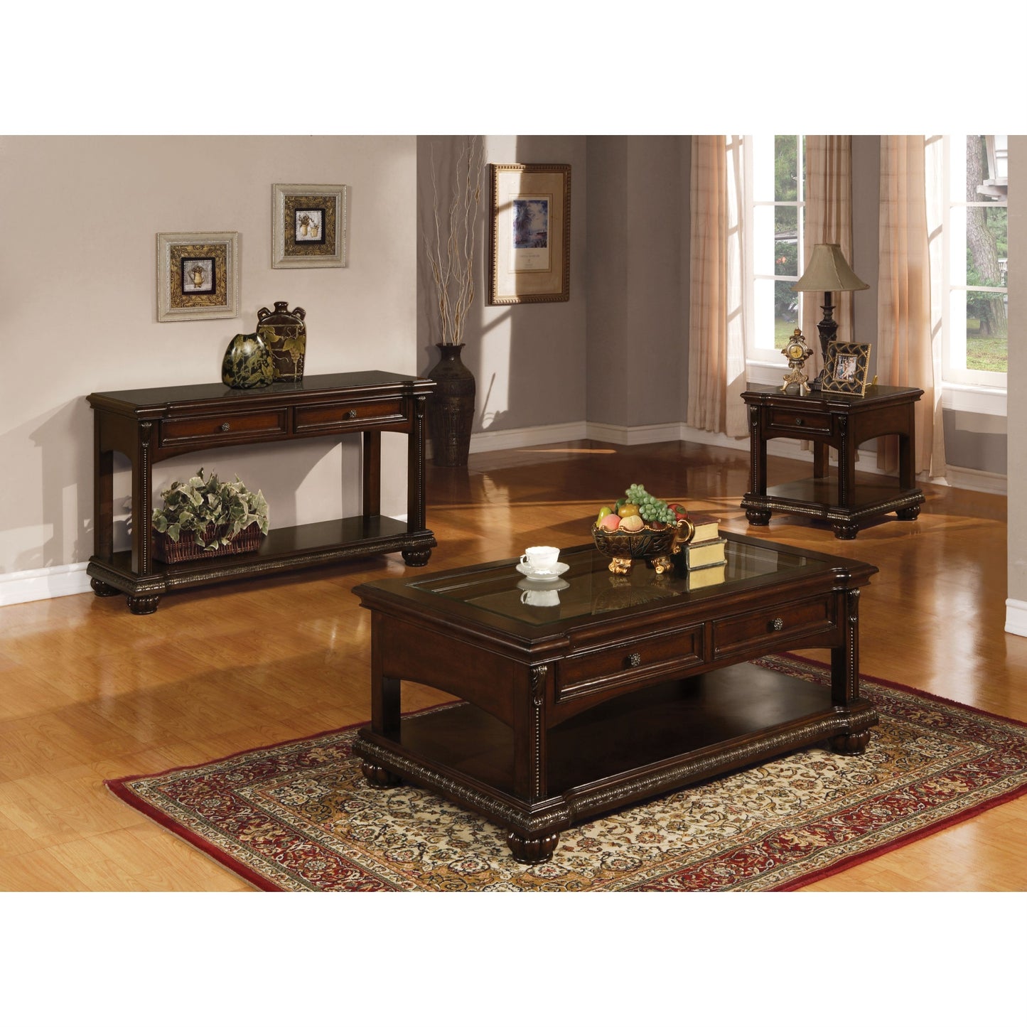 CasaFoyer Rectangular Coffee Table Storage with Glass Top, Wooden Frame, Pumpkin Bun Leg, and Drawer - Felt-Lined, Double Pull Knobs, Open Compartment with Shelf