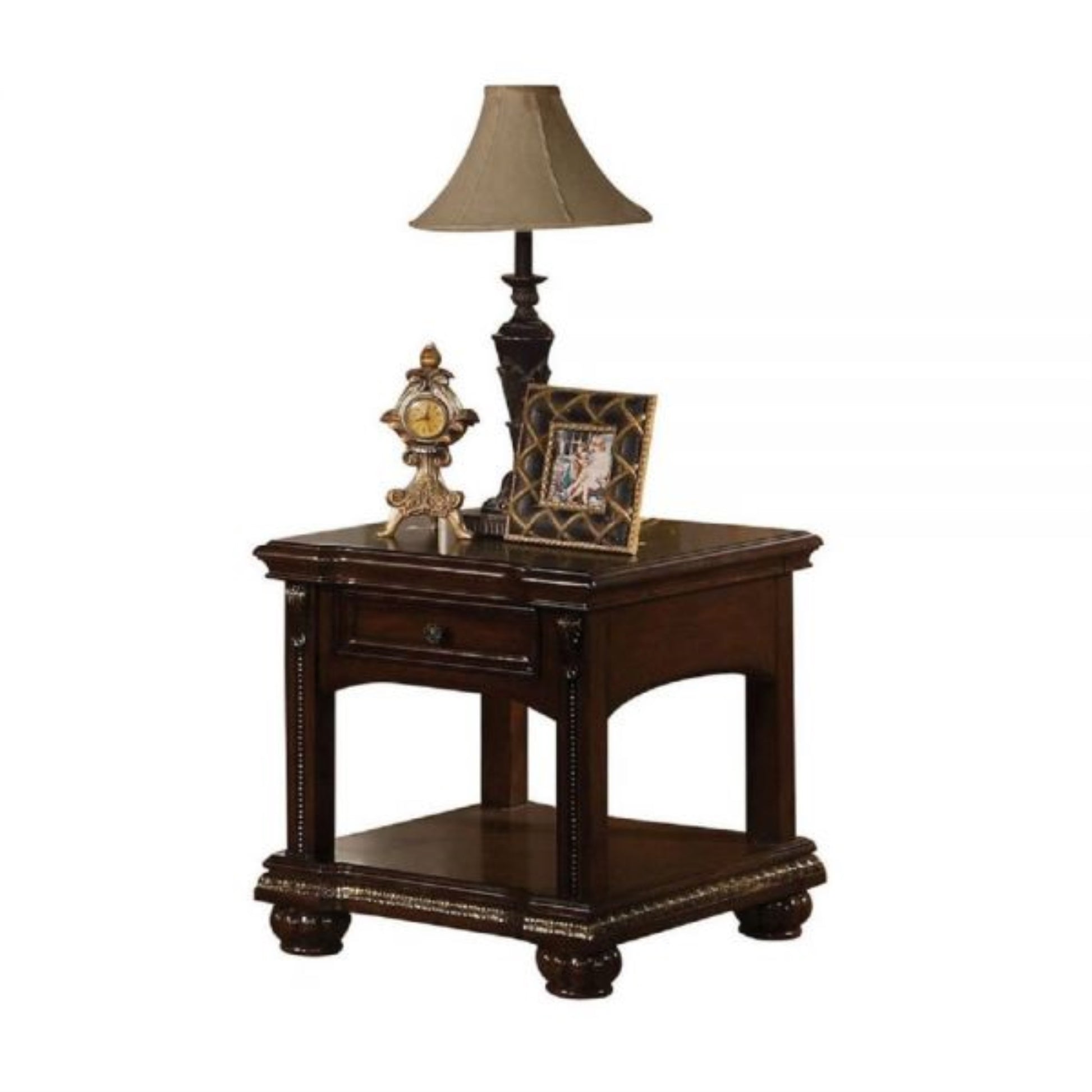 CasaFoyer Wooden Rectangular End Table with Drawer and Open Compartment - Sturdy Wood Frame, Pumpkin Bun Legs, Raised Molding Trim - Convenient Storage - Cherry Finish