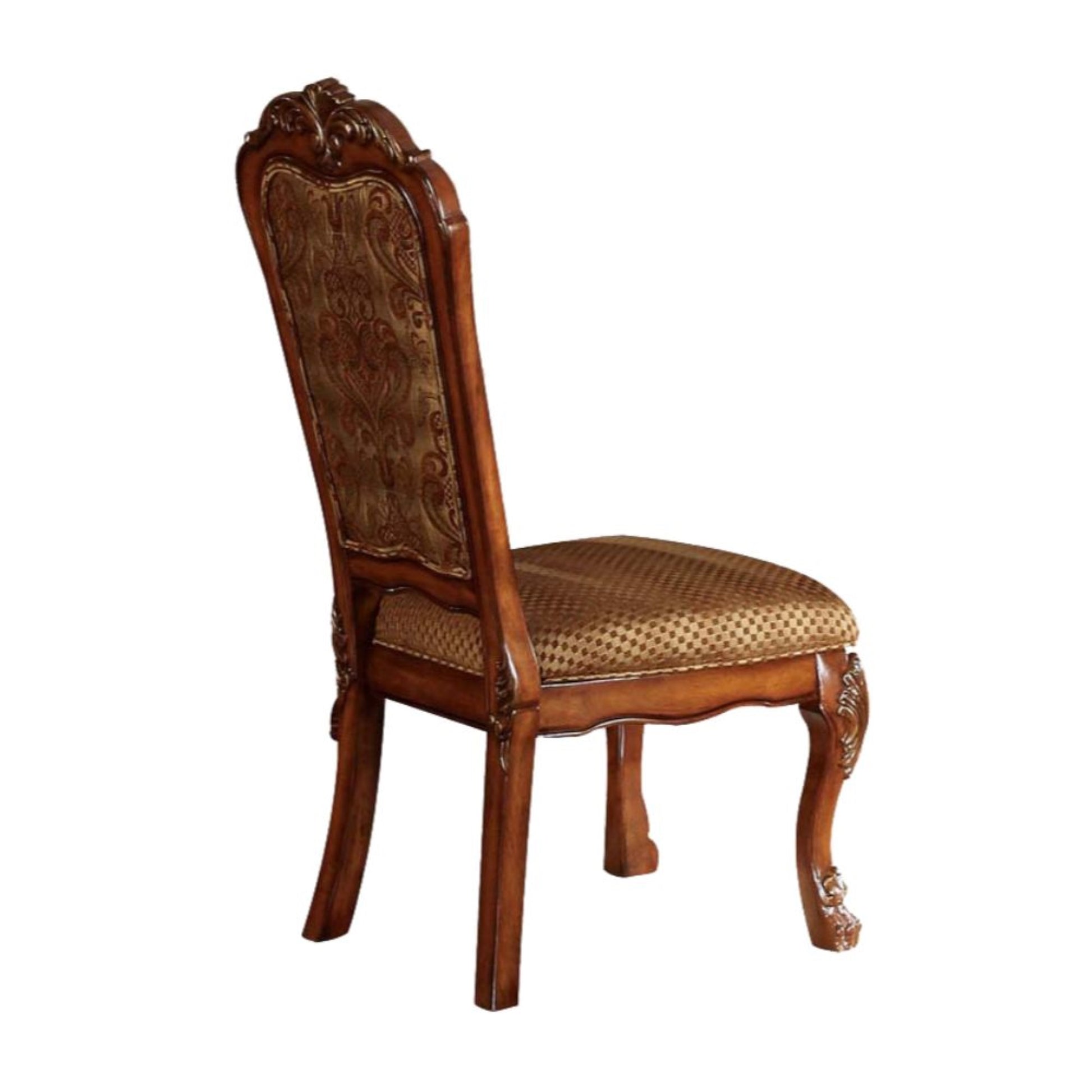 CasaFoyer KD Armless Chair (High Back) - PU Upholstery, Checkered Seat, Floral Back, Wooden Frame, Welt Cushion, Scalloped Apron Seat, Antique Finish