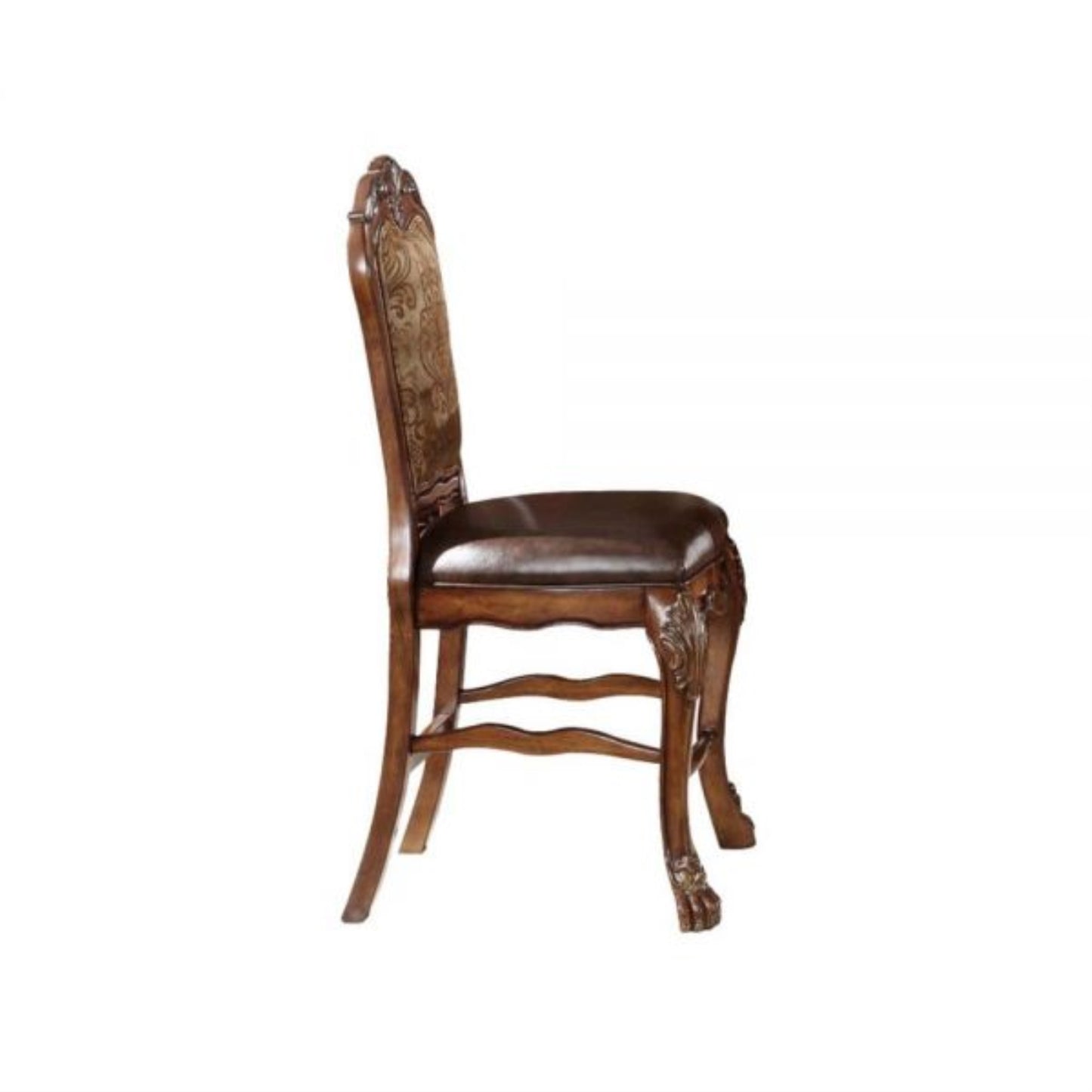 CasaFoyer KD Armless Chair (High Back) - Counter Height Stationary Seat with Padded PU & Fabric Back, Wooden Frame, Floral Design, and Antique Finish