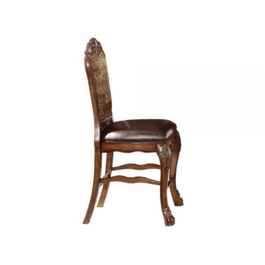CasaFoyer KD Armless Chair (High Back) - Counter Height Stationary Seat with Padded PU & Fabric Back, Wooden Frame, Floral Design, and Antique Finish