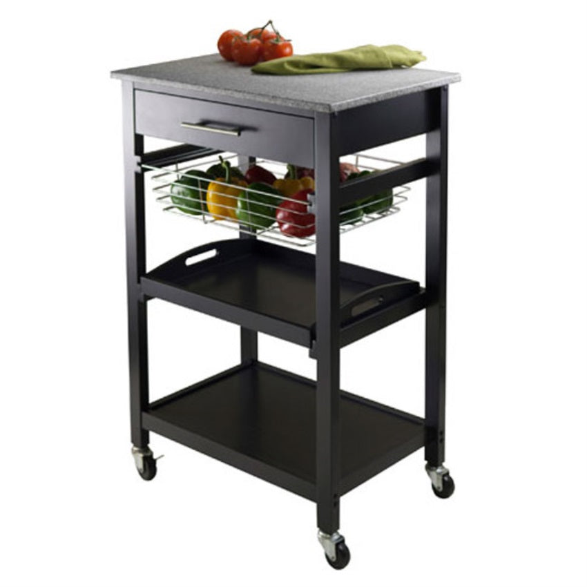 CasaFoyer Julia Kitchen Cart - Sleek & Modern Design, Granite Top, Metal Basket, Removable Tray, Casters, Ample Storage, Black Finish. Dimensions: 22.6"W x 16"D x 34.1"H.