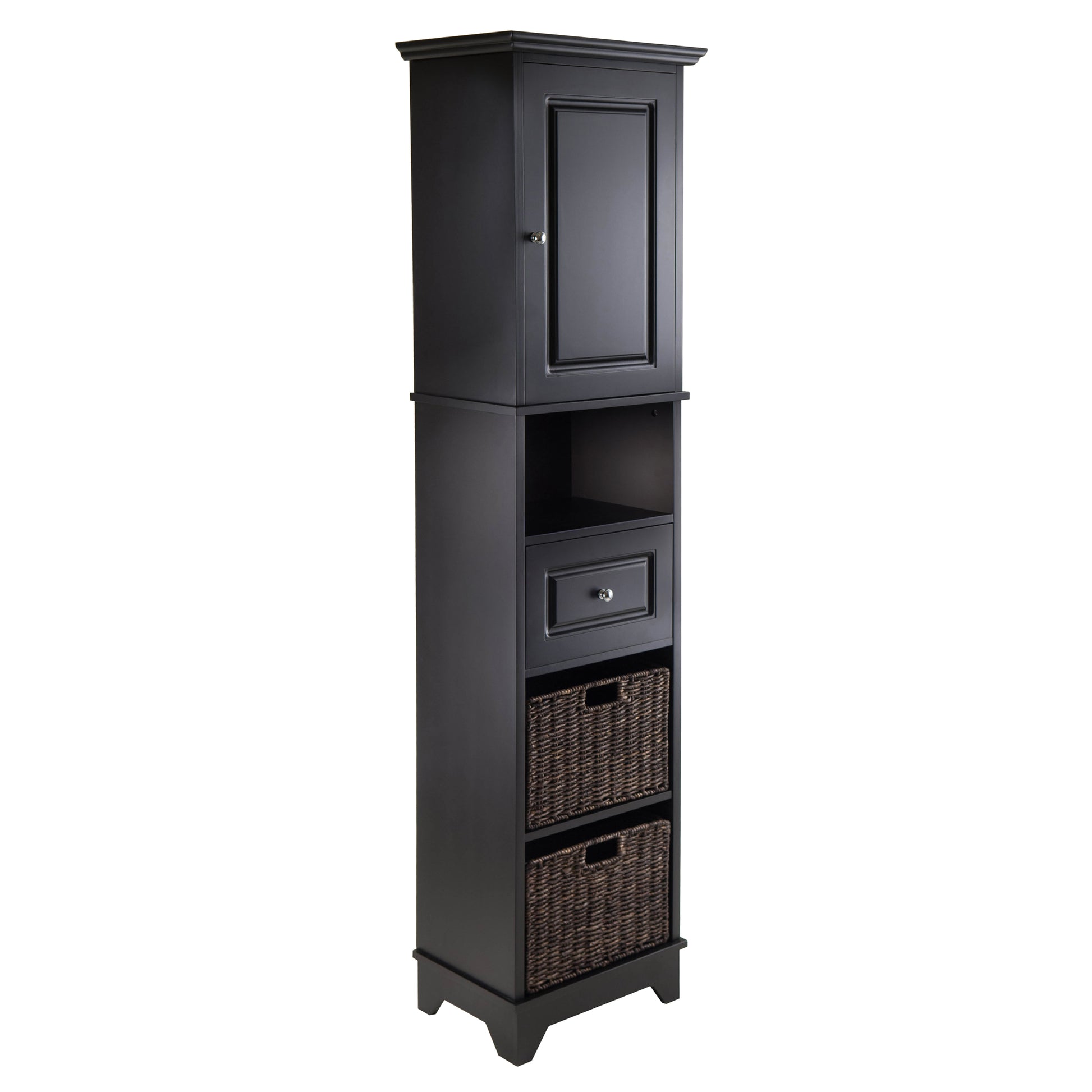 CasaFoyer Wood Wyatt Cabinet - Black Finish, Ample Storage Space, Adjustable Shelf, Open Compartment, Drawer, Two-Section Storage, 2 Foldable Baskets