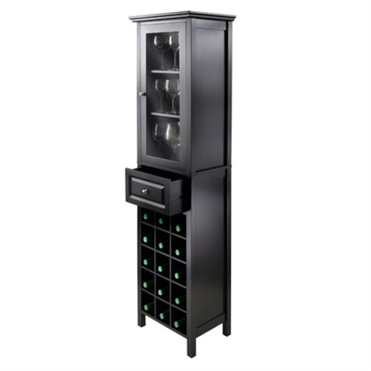 CasaFoyer Wood Burgundy Wine Tower - Stylish & Practical Storage Solution for Red Wines & Bar Essentials. 15 Bottle Slots, Glass Door, 3 Shelves, Drawer. Composite Wood, Easy Assembly. 18.1"W x 12.9"D x 66.8"H.