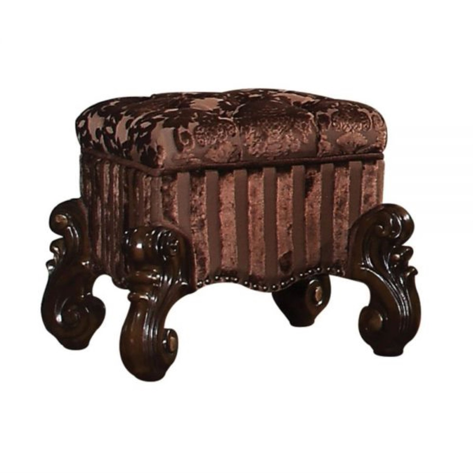 CasaFoyer Padded Armless Stool with Button Tufted Seat & Scrolled Base - Antique Finish, Nailhead Trim - Comfortable & Stylish
