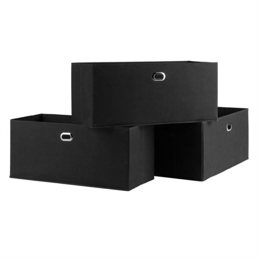 CasaFoyer 3-Piece Torino Baskets - Foldable Fabric, Black, 23"W x 10.2"D x 10.2"H - Organize Shelves Effortlessly, Metal Ring Handles, Reinforced Fiberboard