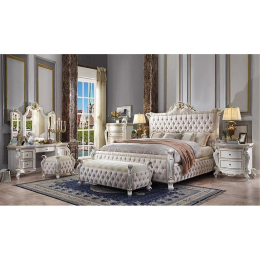 CasaFoyer Antique Pearl Vanity Desk with 3 Drawers, 1 Door, Adjustable Wooden Shelf, Smooth Glide Ball Bearing Drawers, Felt-Lined, Bow-Front Design