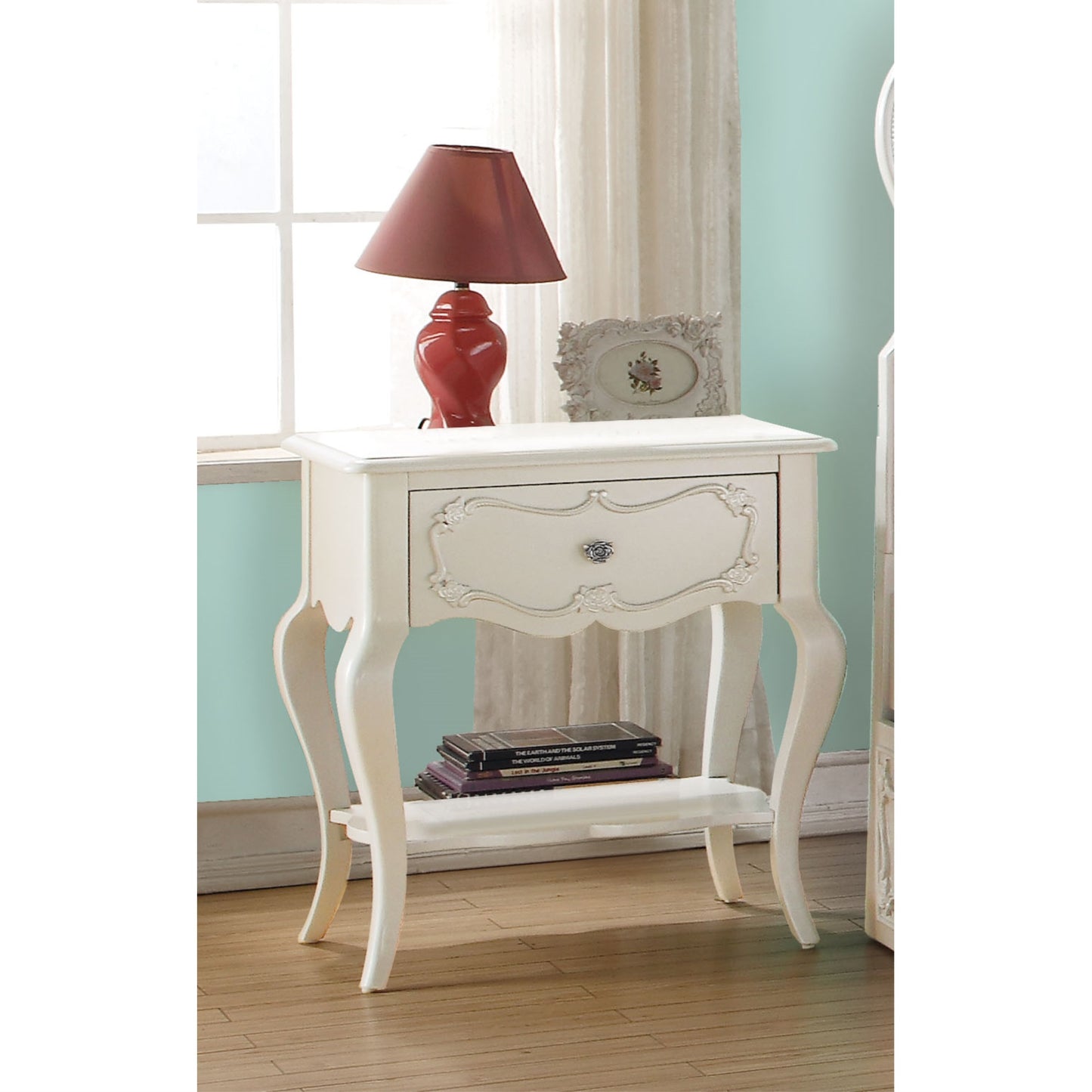 CasaFoyer 1 Drw KD Leg Rectangular Leg Table with Scalloped Apron, Bottom Shelf, and Scrolled Rose Inlay - English-Style Tabletop with Floral Paper, Nickel Rose Metal Hardware, Cabriole Wooden Legs