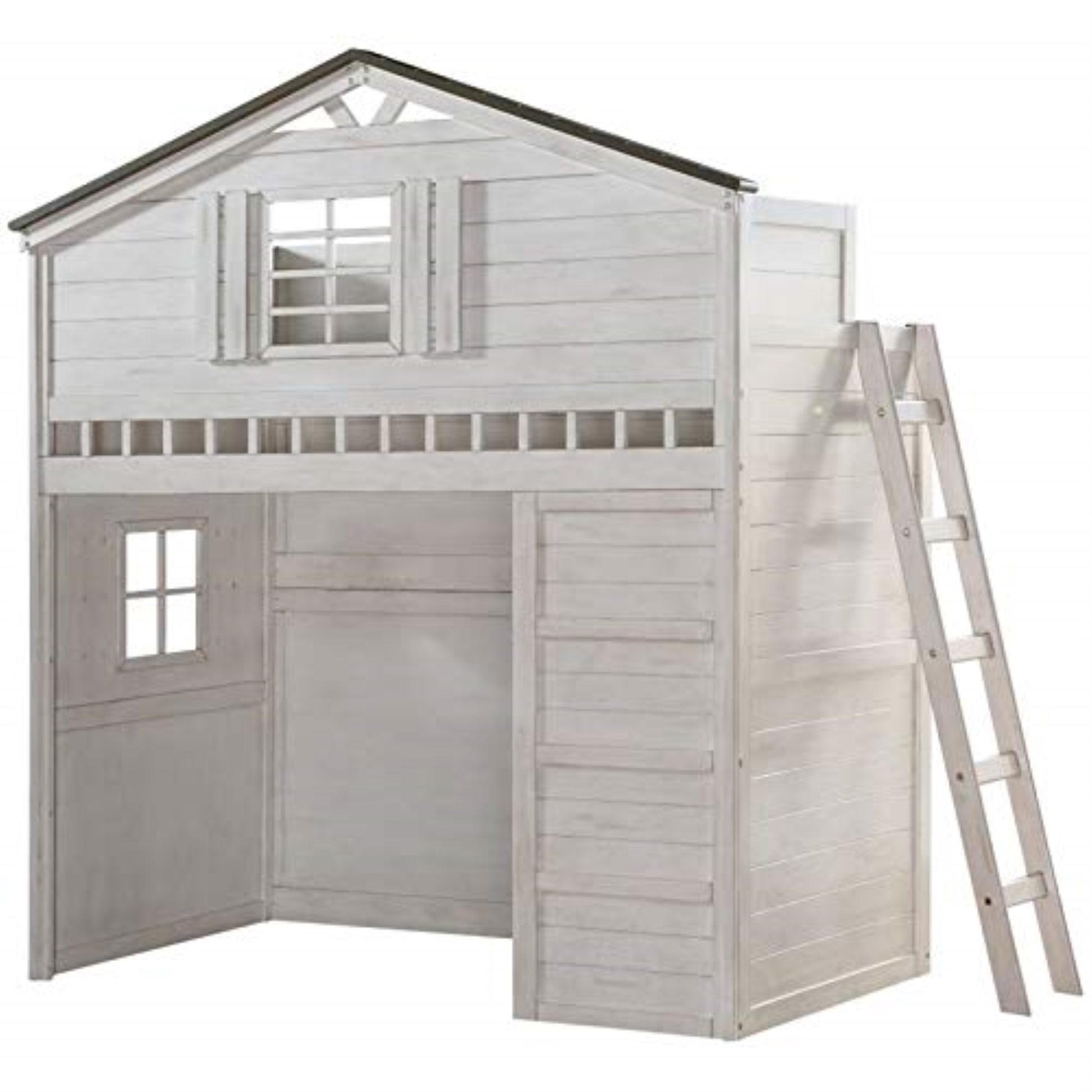 CasaFoyer Weathered White Tree House Loft Bed with Windows and Roof - Sturdy and Safe Twin Size Bed for Kids' Memorable Adventures. Bookshelf Cabinet Sold Separately.