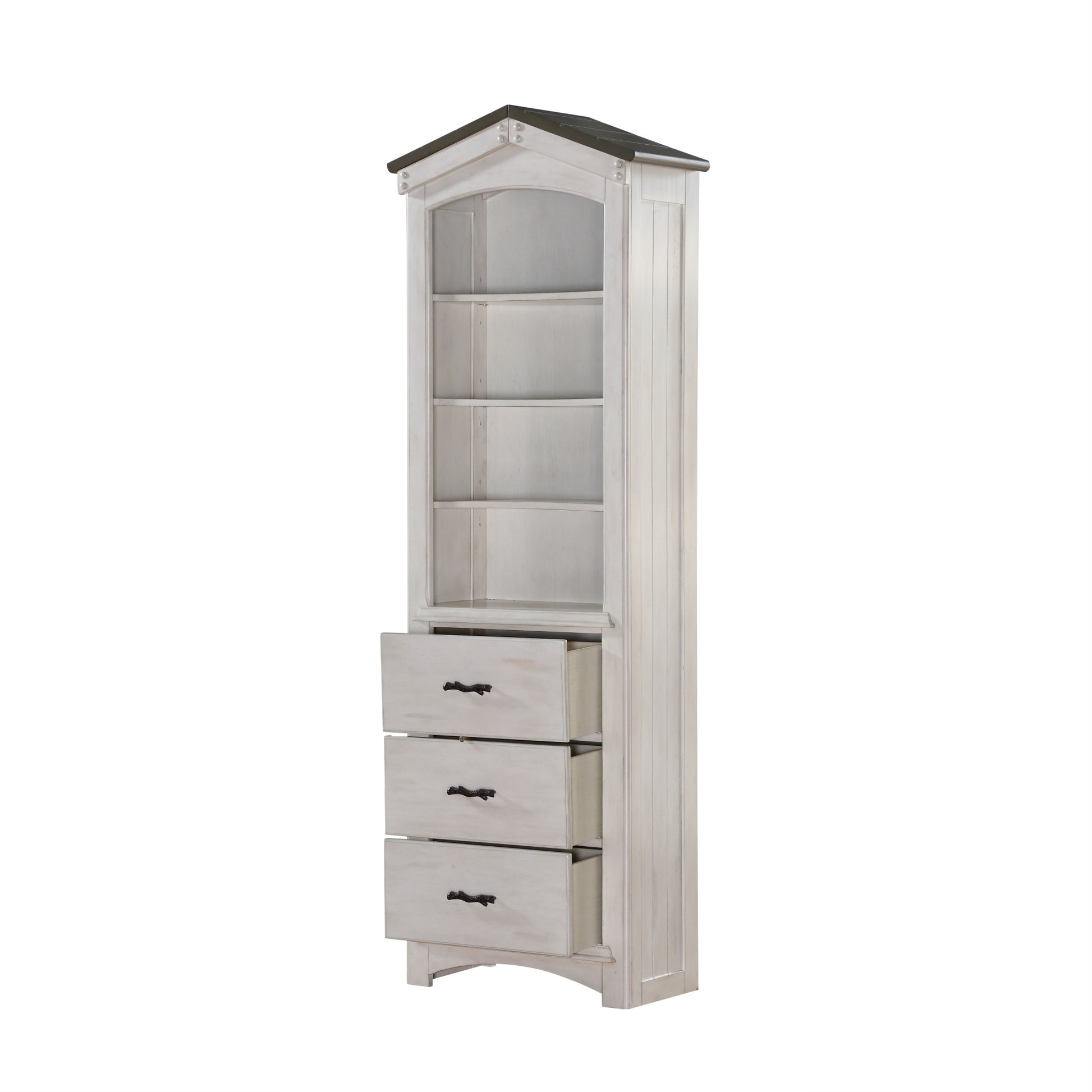 CasaFoyer Bookcase Cabinet Storage with Wooden Shelves, 4 Compartments, and 3 Drawers - Durable and Functional - Weathered White & Washed Gray