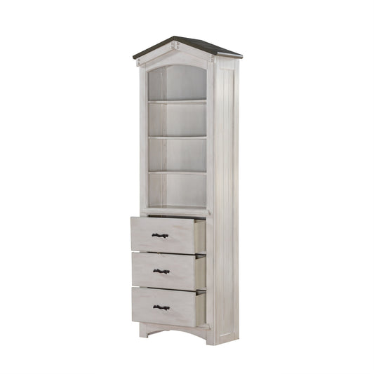 CasaFoyer Bookcase Cabinet Storage with Wooden Shelves, 4 Compartments, and 3 Drawers - Durable and Functional - Weathered White & Washed Gray