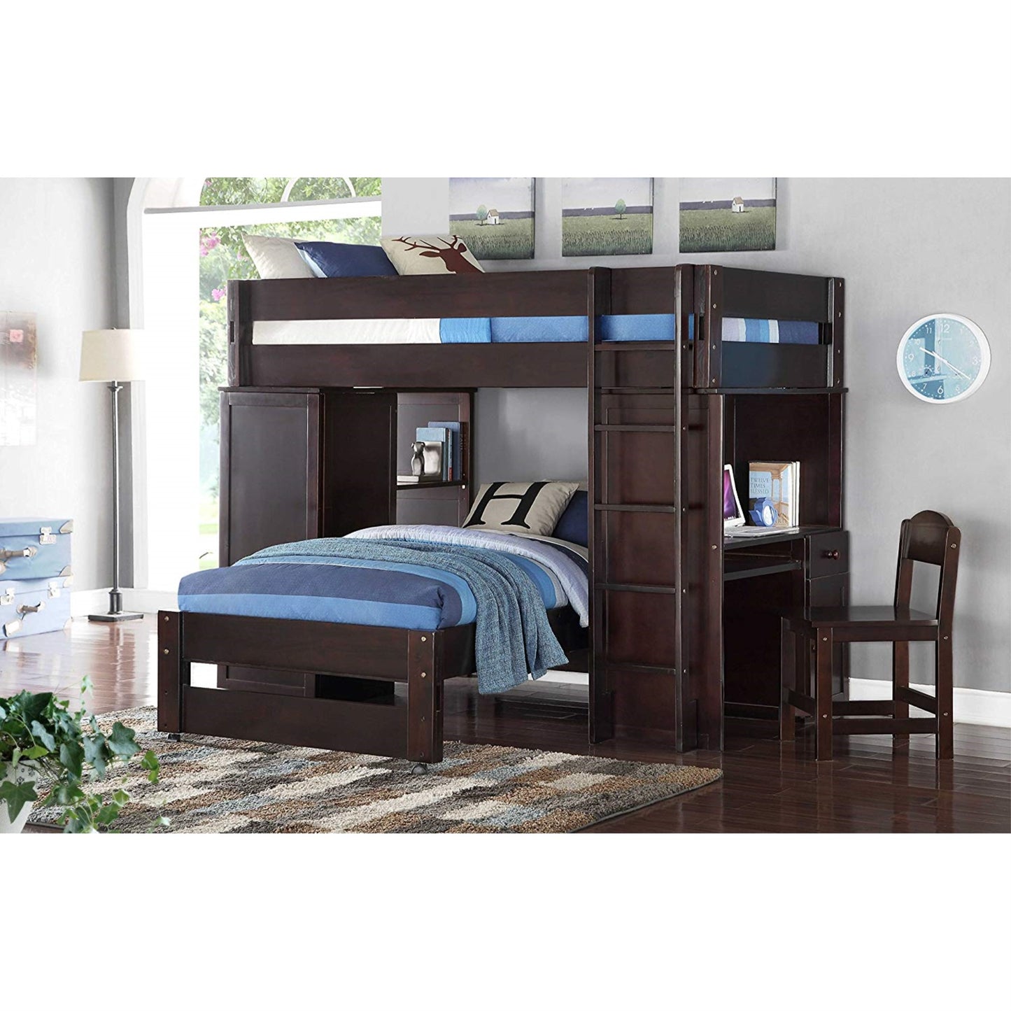 CasaFoyer Lars Loft Bed with Desk, Chair, Shelves & Closet - Space-Saving, High-Quality Wood Bunk Bed in Wenge Tone - Safe & Practical Design