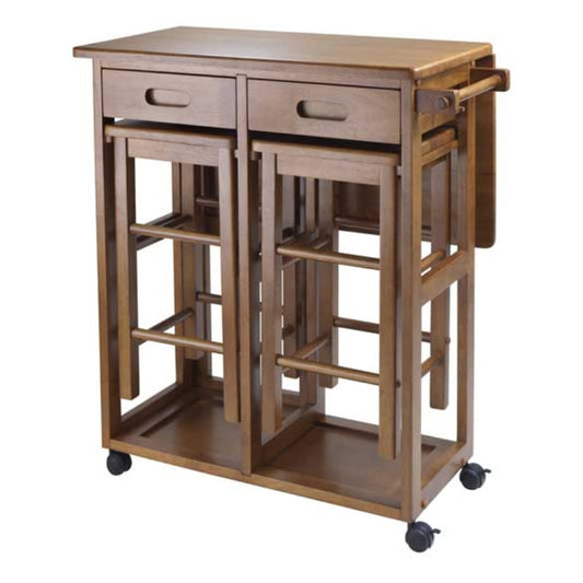 CasaFoyer Wood 3-Piece Space Saver Set - Teak Finish | Drop Leaf Table | Hideaway Stools | Rolling Casters | Small Spaces | Solid Wood | Assembly Required