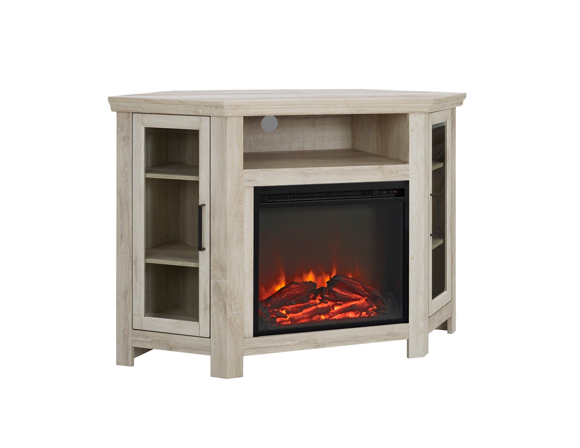CasaFoyer 48" Wood Corner Fireplace Media TV Stand Console - White Oak | Save Space, Cozy Atmosphere, Holds up to 50" TV, Tempered Glass Doors, Cable Management