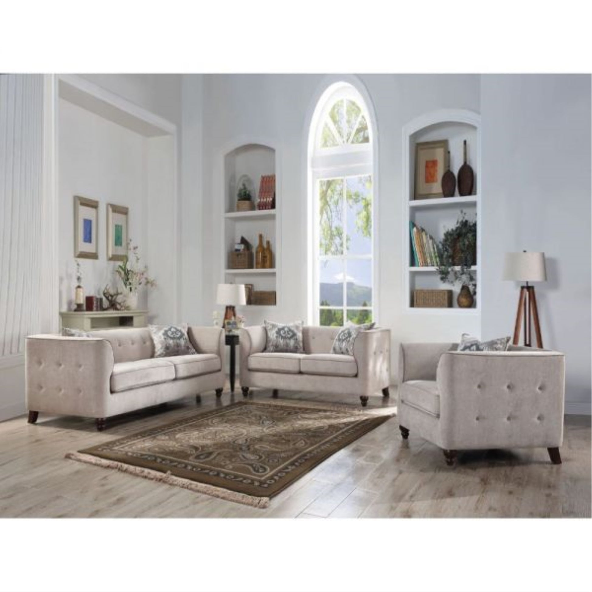 CasaFoyer Elegant Button-Tufted Tan Velvet Chair with Shelter Style Armrests, Pocket Coils, and Espresso Bun Legs. Includes 1 Removable Pillow.