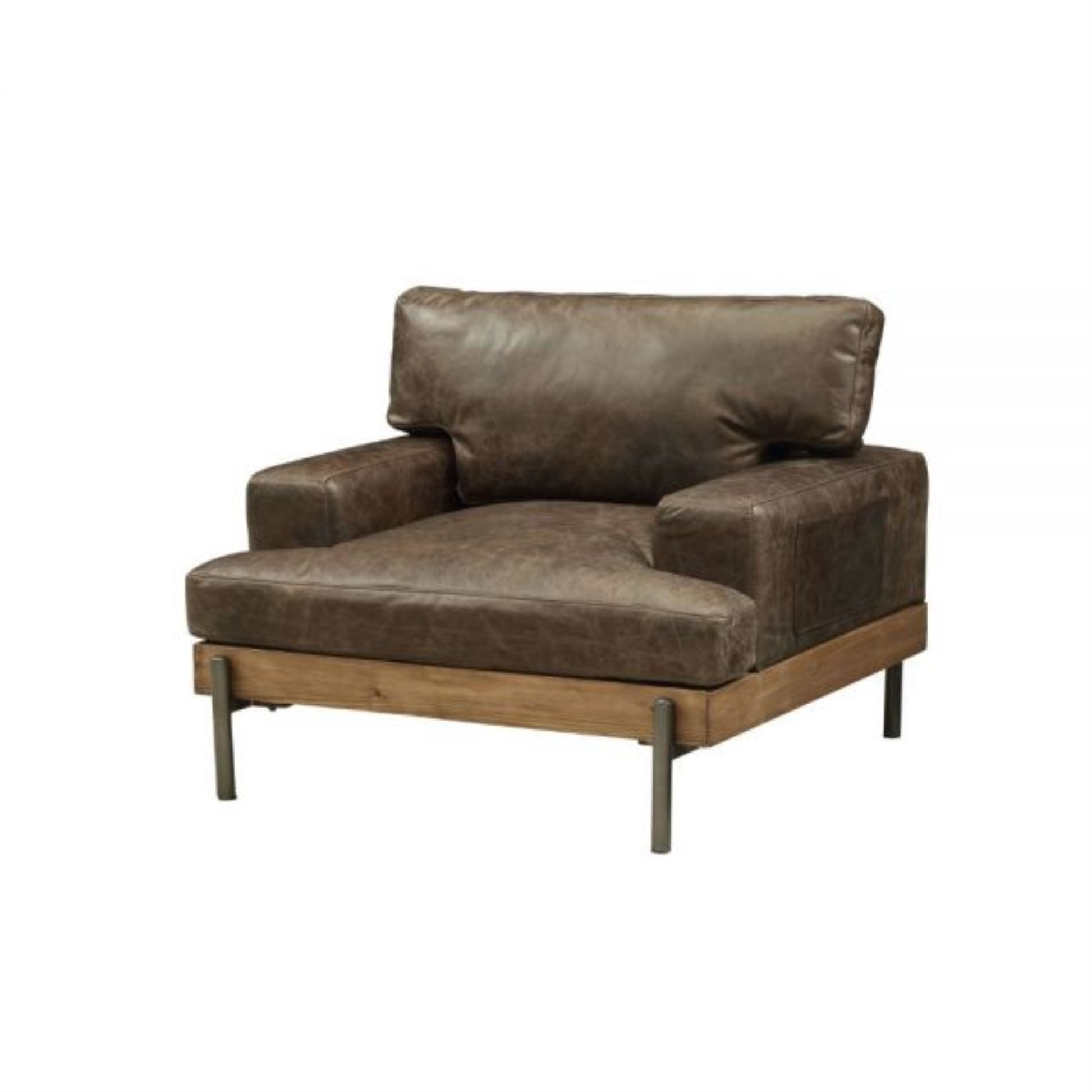 CasaFoyer KD Leg, Tight Back & Loose Seat Cushion Oak Finish Chair with Metal Spindle Legs - Vintage Pattern Top Grain Leather - No Pillows Included