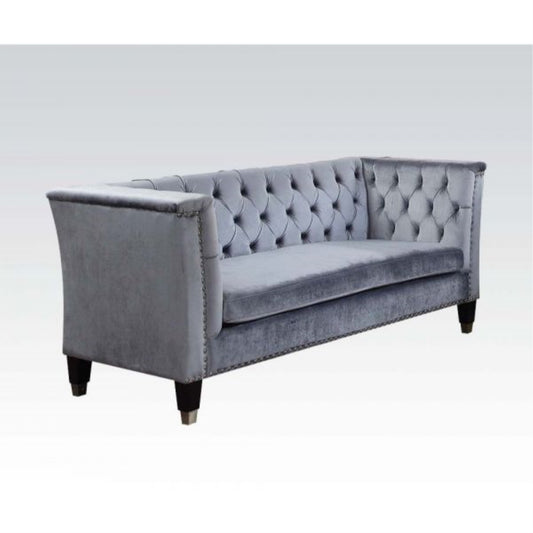 CasaFoyer Elegant Button-Tufted Loveseat with Nailhead Trim, Comfortable Seating, Durable Construction, Removable Cover, High Shelter Armrest, Black Tapered Legs, Blue-Gray Velvet