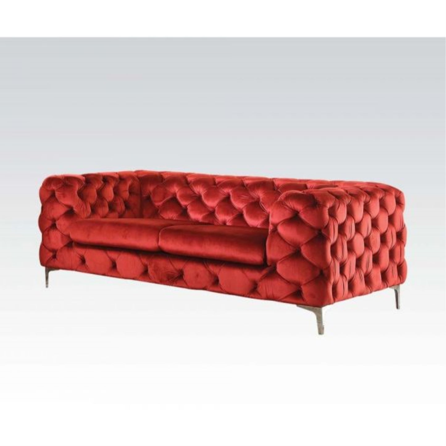 CasaFoyer Button Tufted Red Velvet Loveseat with Foam Cushion and Stainless Steel Legs - Elegant and Comfortable Furniture with High Shelter Armrests.
