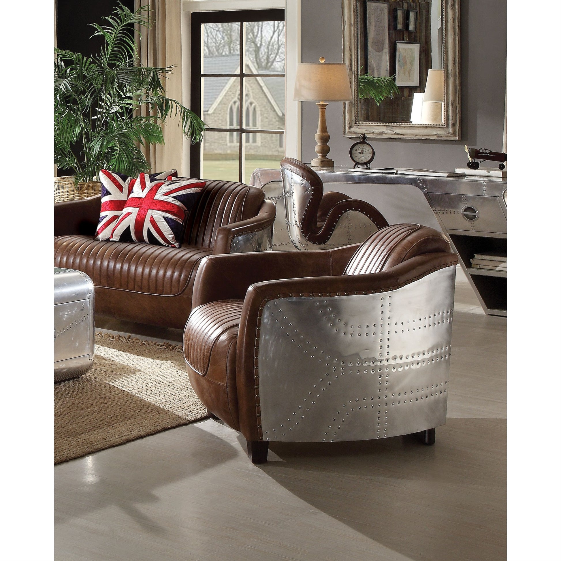 CasaFoyer Aviator-Style Retro Brown Leather Chair with Aluminum Frame & Curved Design - Comfortable Seat Cushion, Sturdy Wood Frame, Firm Foam Fill - No Pillows Included