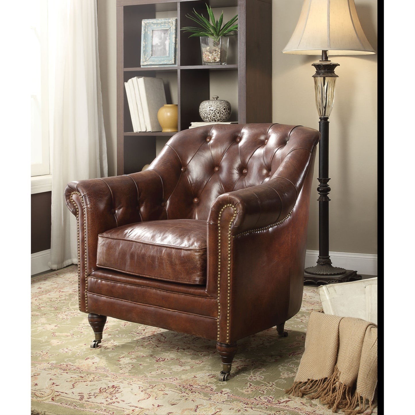 CasaFoyer Elegant Button Tufted Backrest Chair with Rolled Arms & Nailhead Trim - Comfortable Seating, Dark Oak Legs, Vintage Dark Brown Leather
