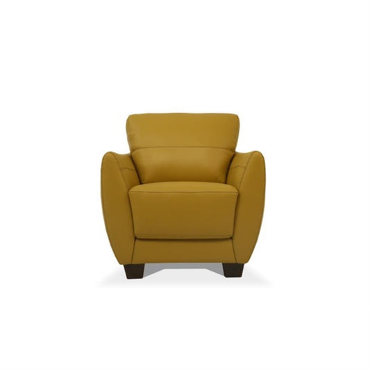 CasaFoyer Durable Wooden Frame Chair with Flared Armrests, Comfortable Cushions, Dark Walnut Legs, and Mustard Leather Upholstery