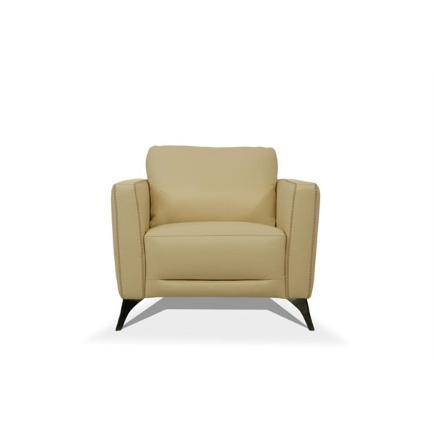 CasaFoyer Webbed Seat Wooden Frame Chair with Loose Cushion Backrest, Track Style Armrest, Chrome Legs - Cream Leather, Solid Pattern (Pillow Not Included)