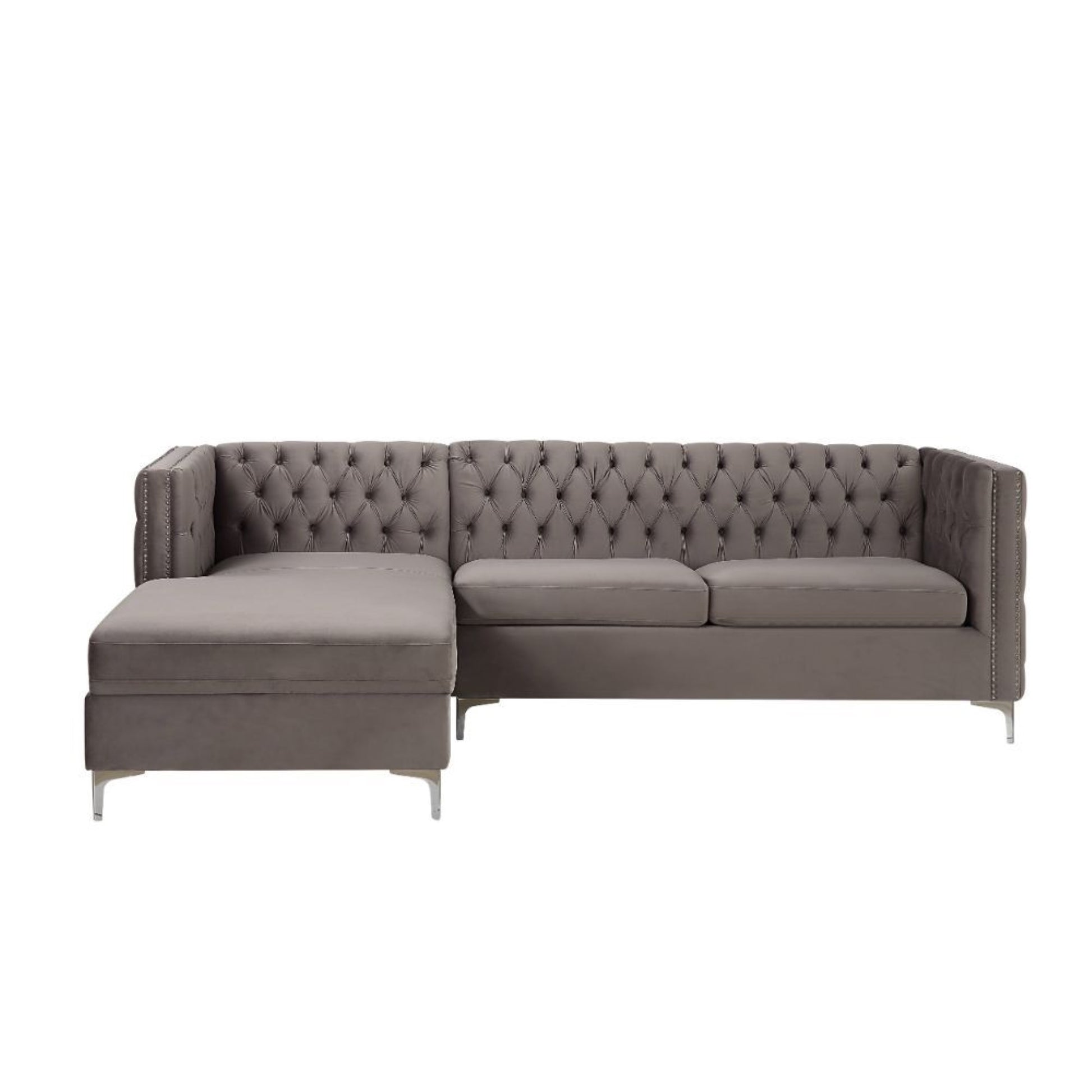 CasaFoyer Sullivan L-Shape Sectional Sofa Set - Luxurious Velvet, Button Tufting, Nailhead Trim, Metal Legs - Comfortable & Stylish - Gray Velvet