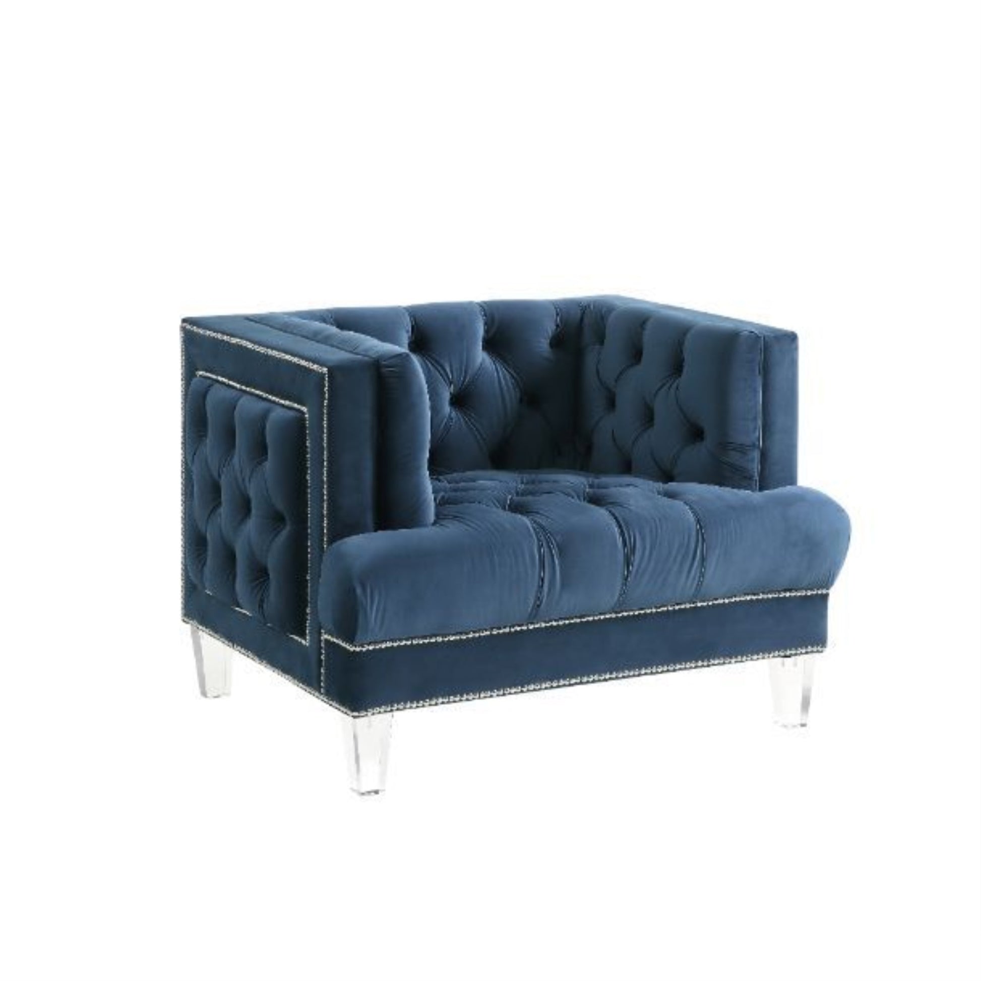 CasaFoyer Blue Velvet Button Tufted Chair with Full Foam Seating, Acrylic Legs - D28 Foam Density, Plush 8" Thick Seat Cushion