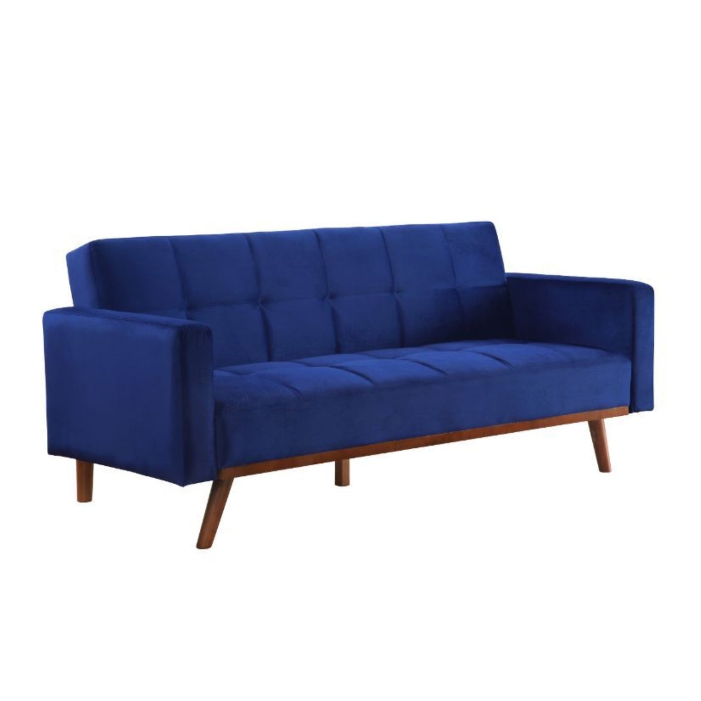 CasaFoyer Modern Adjustable Sofa Bed with Plush Velvet Coating, Lay-Flat Feature, and Upholstered Trunk Armrests - Blue Velvet & Natural Finish