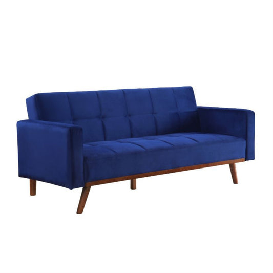 CasaFoyer Modern Adjustable Sofa Bed with Plush Velvet Coating, Lay-Flat Feature, and Upholstered Trunk Armrests - Blue Velvet & Natural Finish