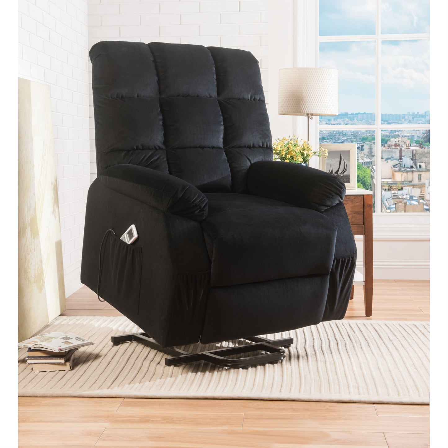 CasaFoyer Acme Furniture 59262 Ipompea Power Lift & Massage Recliner in Black Velvet - Luxurious, Comfortable, Sturdy Metal Base, Pocket Coils, Pillow Top Armrest, Wired Controller, Multiple Positions