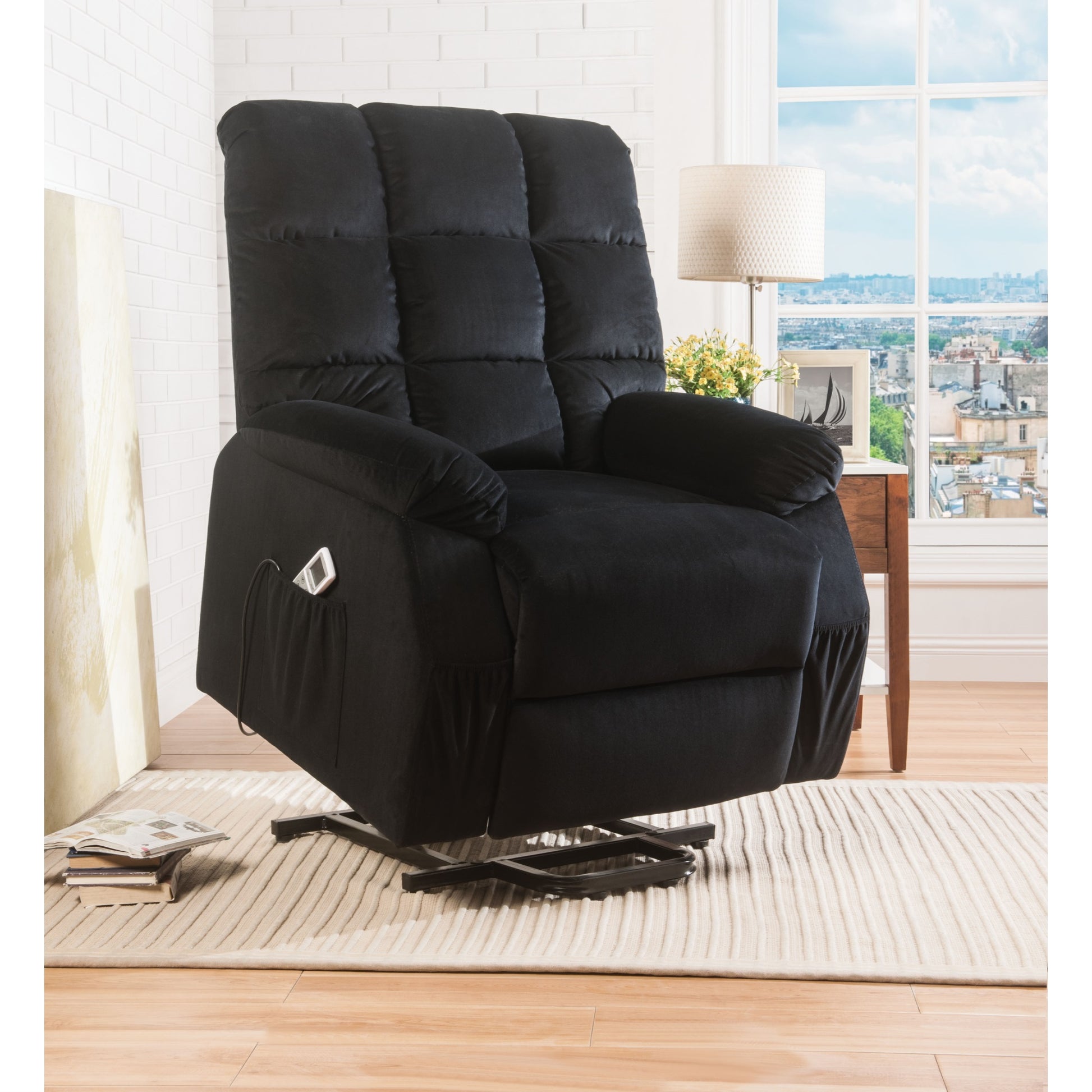 CasaFoyer Acme Furniture 59262 Ipompea Power Lift & Massage Recliner in Black Velvet - Luxurious, Comfortable, Sturdy Metal Base, Pocket Coils, Pillow Top Armrest, Wired Controller, Multiple Positions