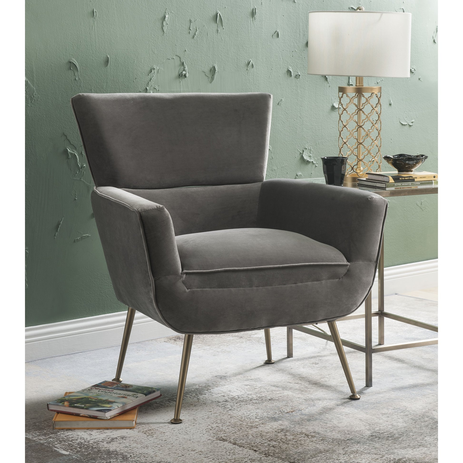 CasaFoyer "Varik Accent Chair in Gray Velvet - Luxurious and Stylish | Comfortable Tight Back and Seat Cushions | Durable Full Foam Seat Construction | Elegant Sloped Armrests | Sleek Metal Legs | 32"x29"x36" | High-Quality Upholstery | Easy Assembly"