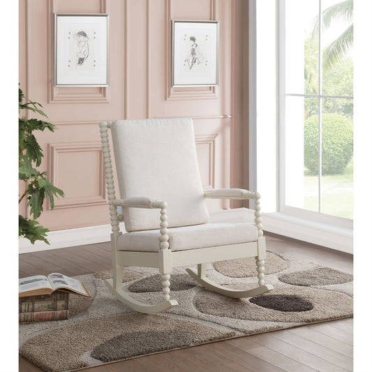 CasaFoyer Acme Furniture 59524 Tristin Rocking Chair in Cream Fabric & White - Wooden Turned Back & Armrest, High-Quality Upholstery, Full Foam Seat, Cozy Seating, KD Design