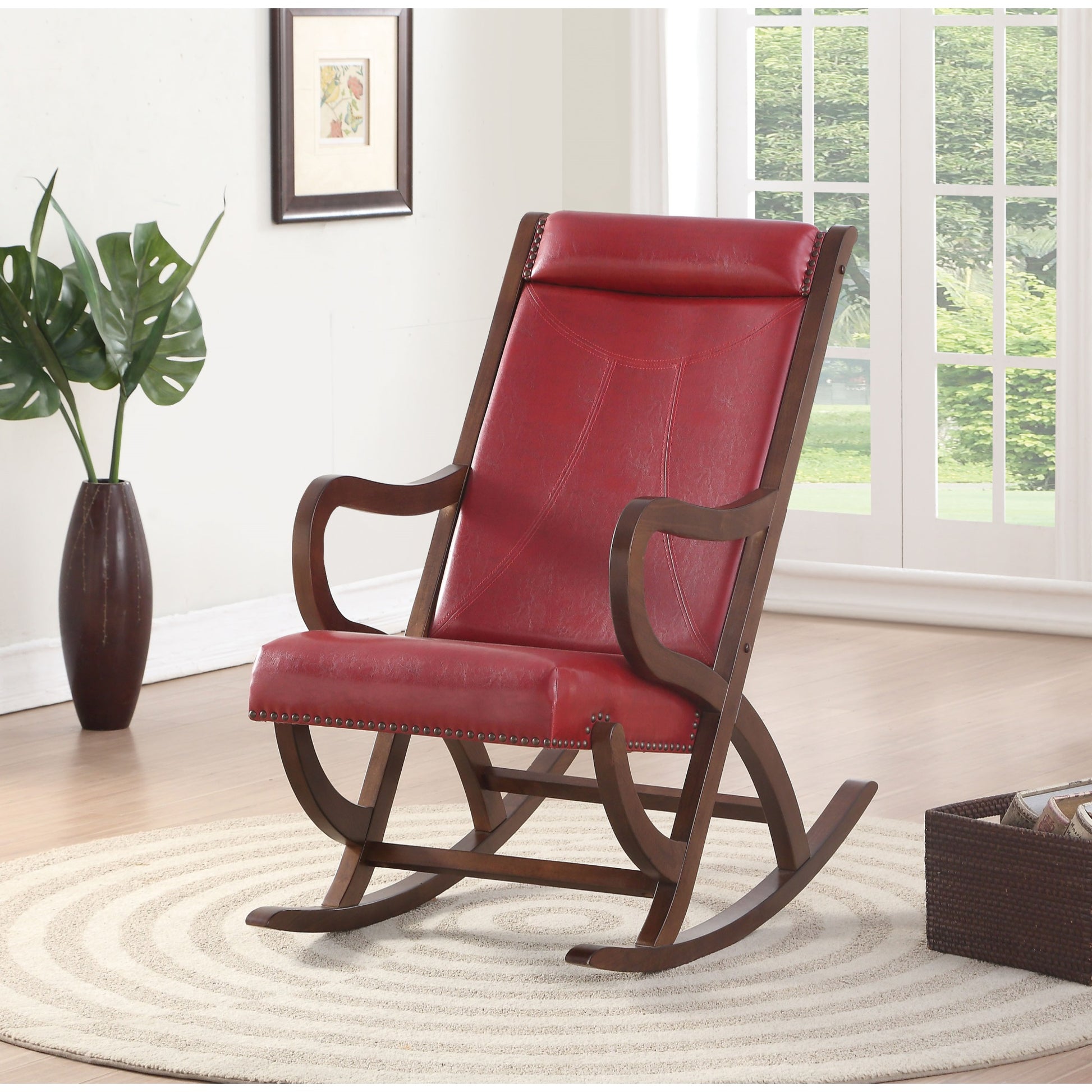 CasaFoyer Acme Furniture 59536 Triton Rocking Chair - Burgundy PU & Walnut Finish, Nailhead Trim, Sturdy Wood Construction, Comfortable Cushion, Luxurious Upholstery, Dimensions: 36"L x 22"W x 38"H