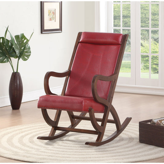 CasaFoyer Acme Furniture 59536 Triton Rocking Chair - Burgundy PU & Walnut Finish, Nailhead Trim, Sturdy Wood Construction, Comfortable Cushion, Luxurious Upholstery, Dimensions: 36"L x 22"W x 38"H