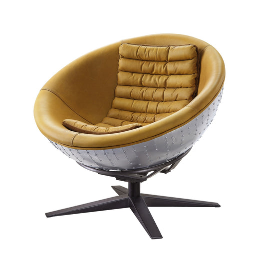 CasaFoyer Retro-Futuristic Accent Chair: Brancaster Turmeric Leather & Aluminum, 4-Star Base