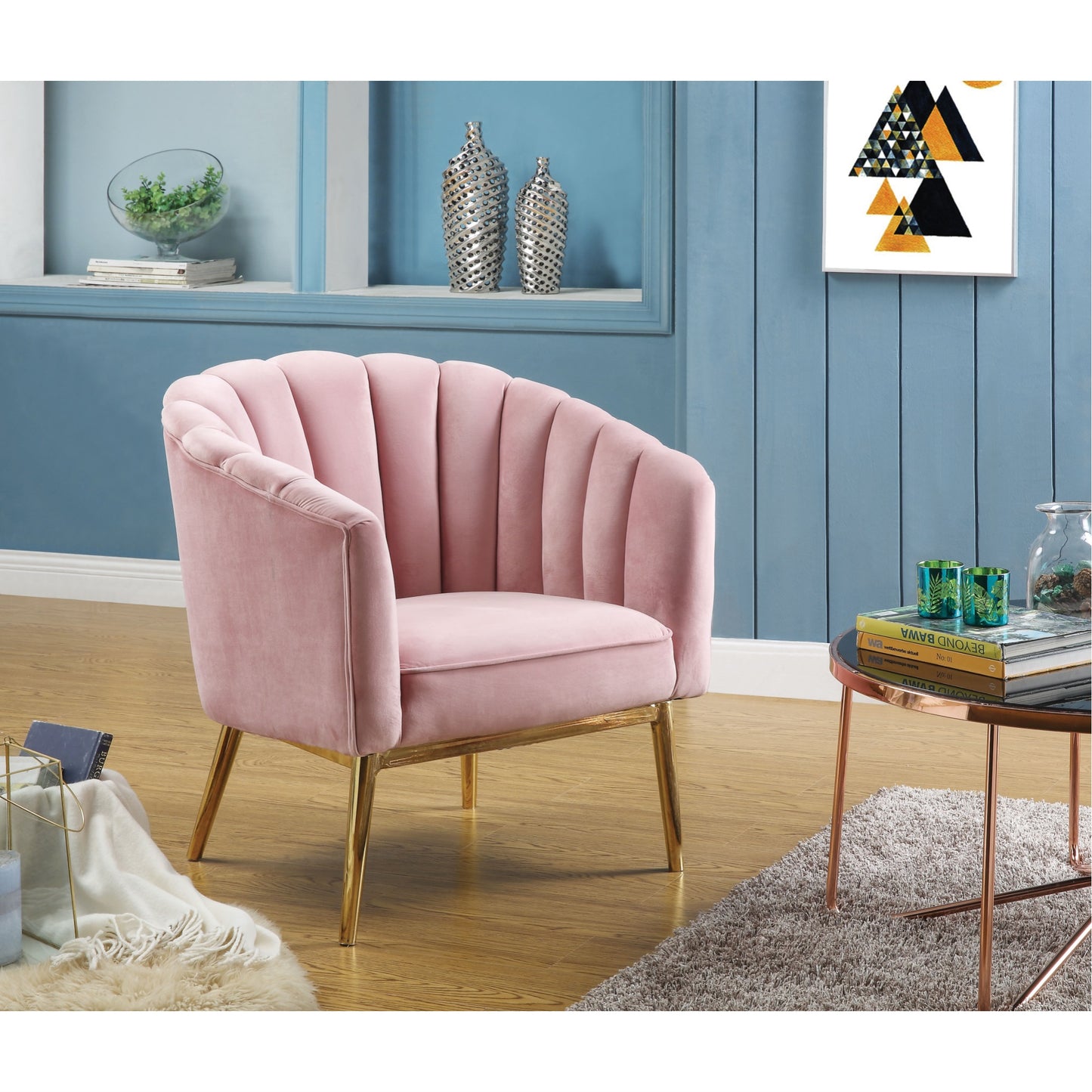 CasaFoyer Acme Furniture 59814 Colla Accent Chair in Pink Velvet & Gold - High Backrest, Luxurious Upholstery, Sleek Design, Gold Metal Legs - 32" Length, 31" Width, 34" Height - Vintage Pattern, Easy Assembly