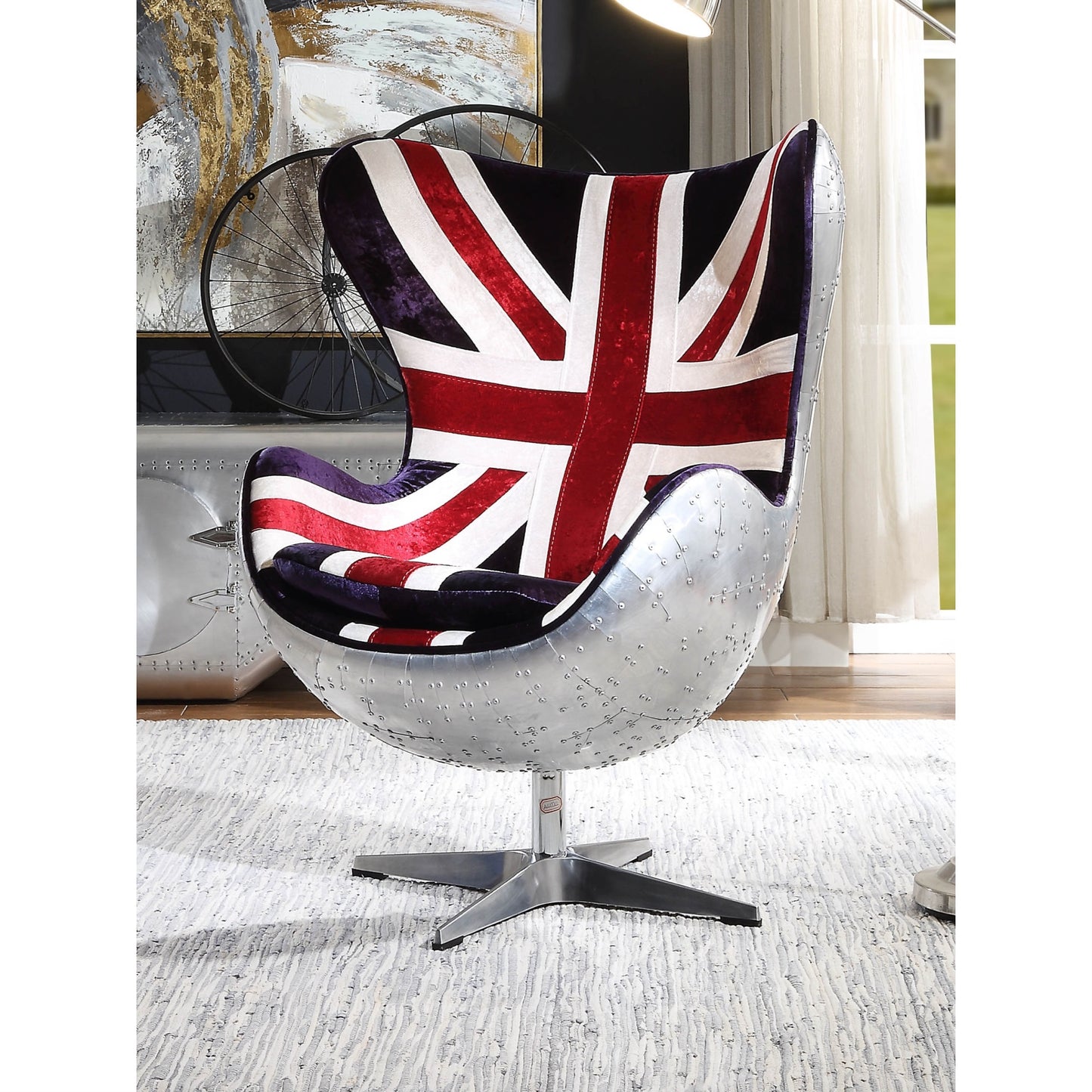 CasaFoyer ACME Brancaster Accent Chair - Swivel Function, England Flag Pattern Fabric, Foam Seat, Aluminum Frame, Metal 4-Star Base. Stylish & Comfortable.
