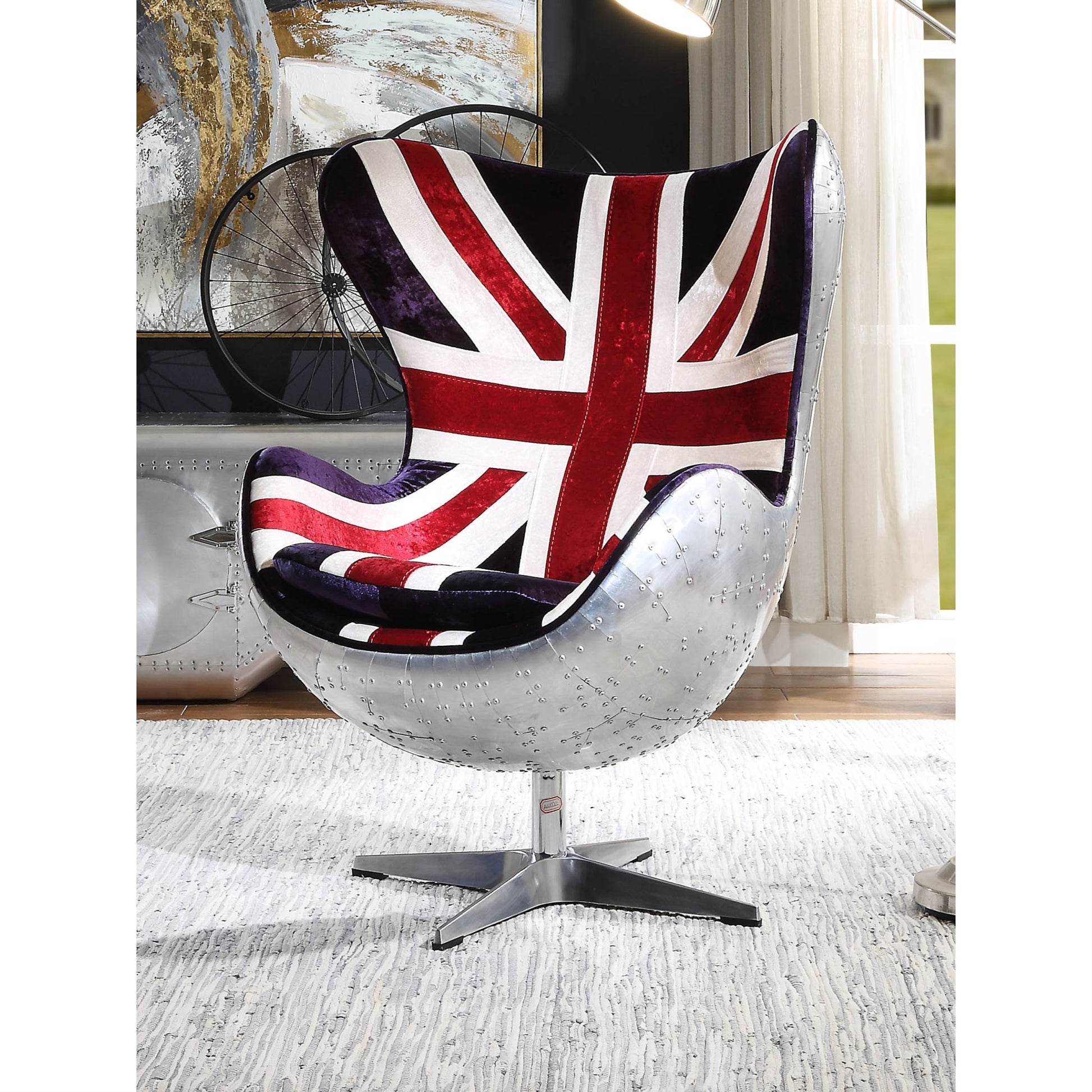 CasaFoyer ACME Brancaster Accent Chair - Swivel Function, England Flag Pattern Fabric, Foam Seat, Aluminum Frame, Metal 4-Star Base. Stylish & Comfortable.