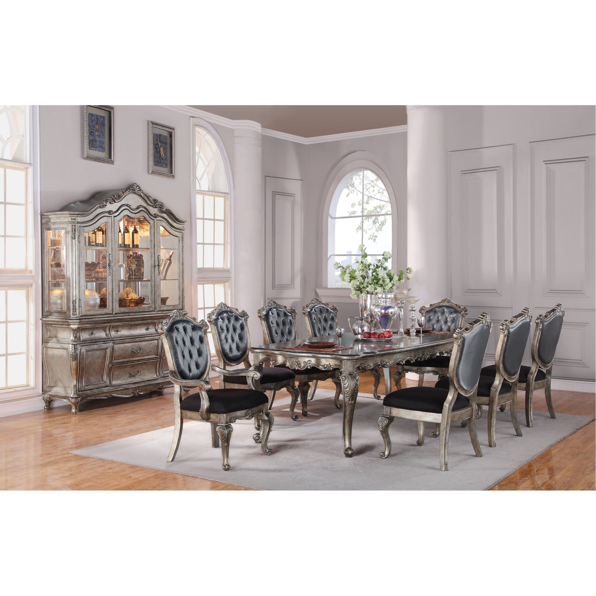 CasaFoyer Chantelle Dining Table - Antique Platinum Finish, 80-96" Length, Wood Veneer, KD Queen Anne Legs, Scrolled Apron, Acme Furniture