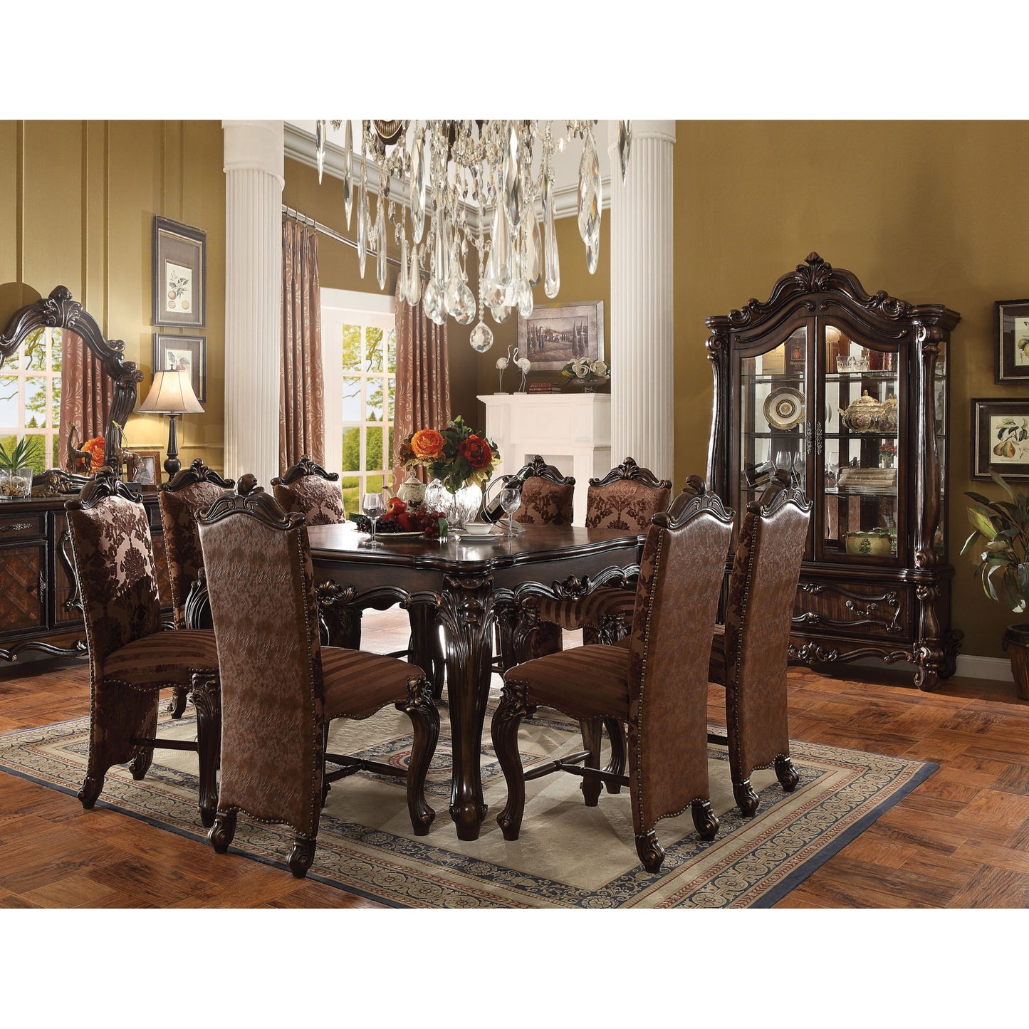 CasaFoyer Acme Furniture Versailles Counter Height Table in Cherry Oak with Scrolled Legs & Touch Light Hutch