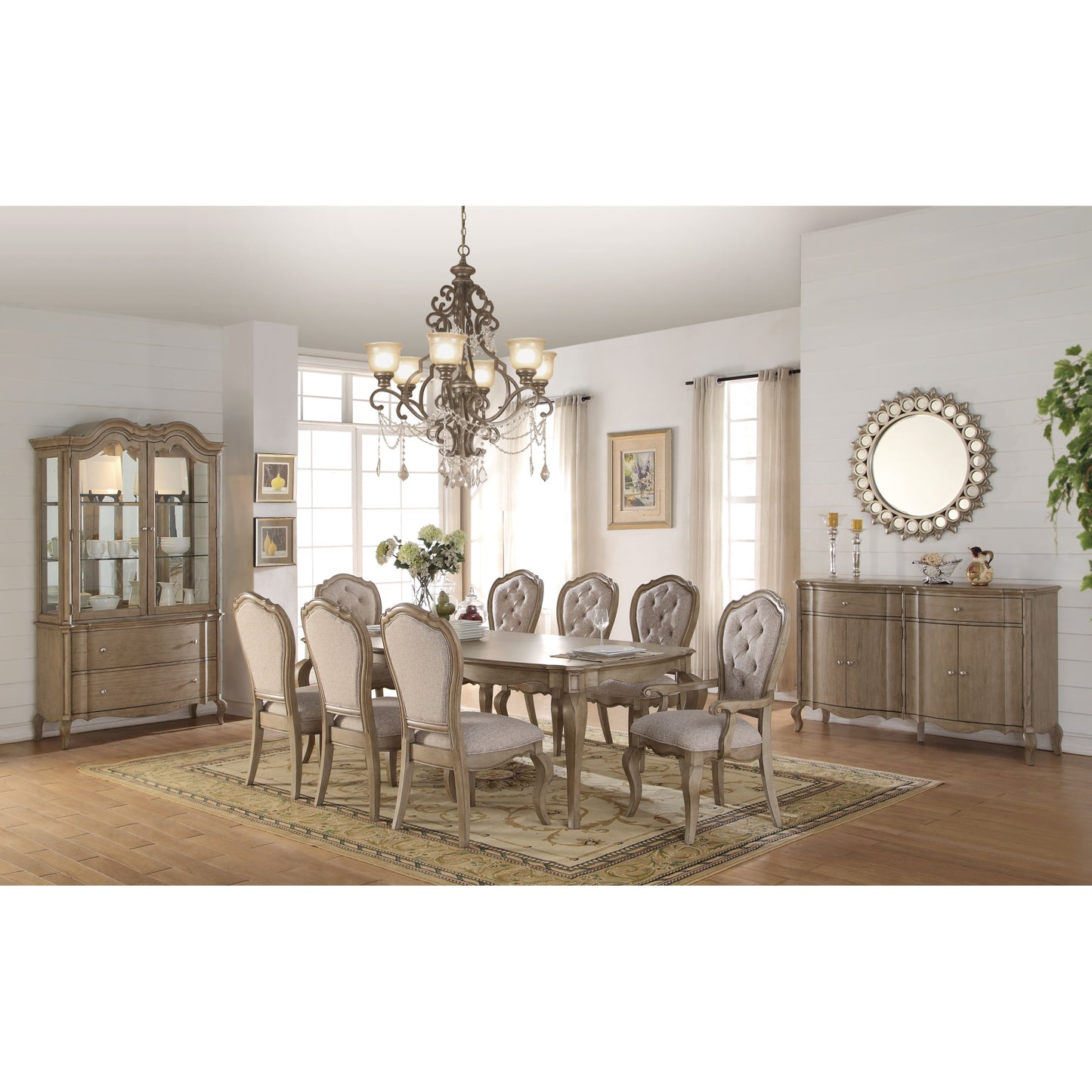 CasaFoyer Chelmsford Dining Table in Antique Taupe - Rectangular Leg Table with 18" Leaf | Button-Tufted Backrest | Fabric Cushions | Hutch with Touch Light | Felt-Lined Top Drawer | Wood Veneer | 76~94" Length | Easy Assembly | Acme Furniture