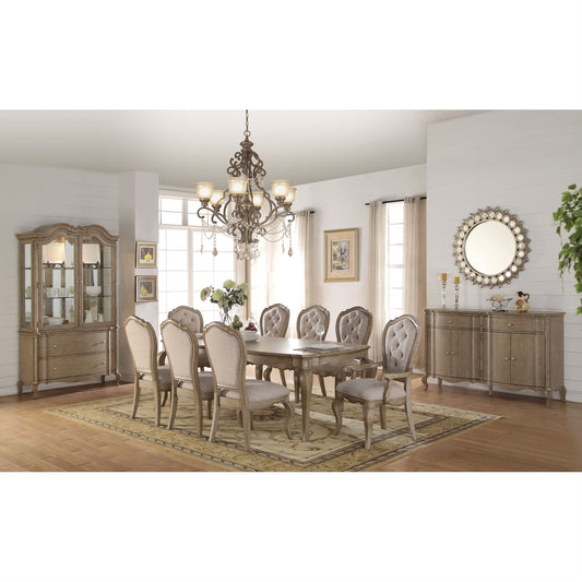 CasaFoyer Chelmsford Dining Table in Antique Taupe - Rectangular Leg Table with 18" Leaf | Button-Tufted Backrest | Fabric Cushions | Hutch with Touch Light | Felt-Lined Top Drawer | Wood Veneer | 76~94" Length | Easy Assembly | Acme Furniture