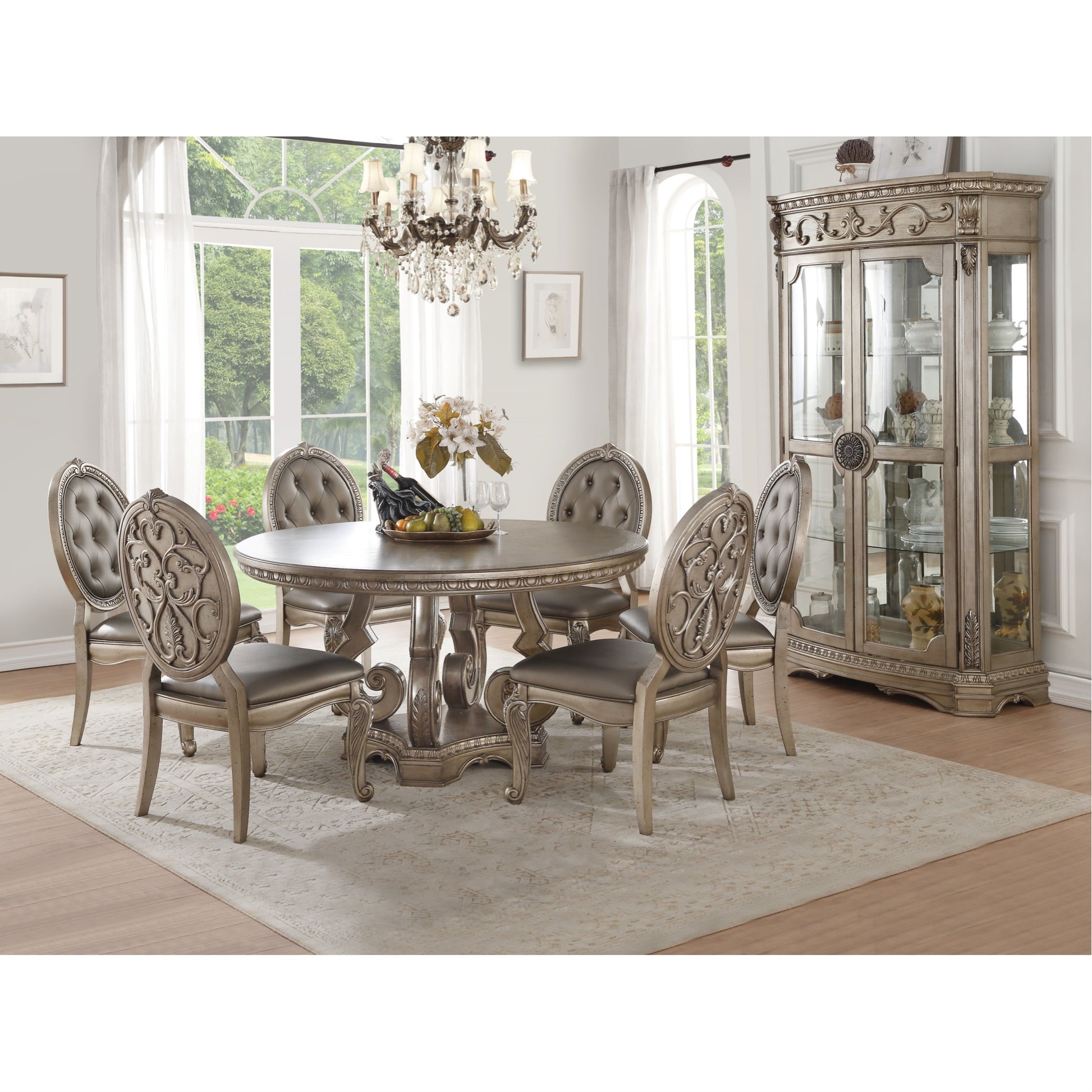 CasaFoyer Northville Dining Table in Antique Champagne - Intricate Details, Round Wooden Top, No Storage or Extension Leaves, PU Padded Chairs, Antique Champagne Finish, 59.99" L x 59.99" W x 29.99" H