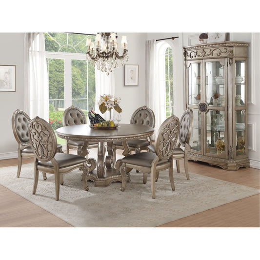 CasaFoyer Northville Dining Table in Antique Champagne - Intricate Details, Round Wooden Top, No Storage or Extension Leaves, PU Padded Chairs, Antique Champagne Finish, 59.99" L x 59.99" W x 29.99" H