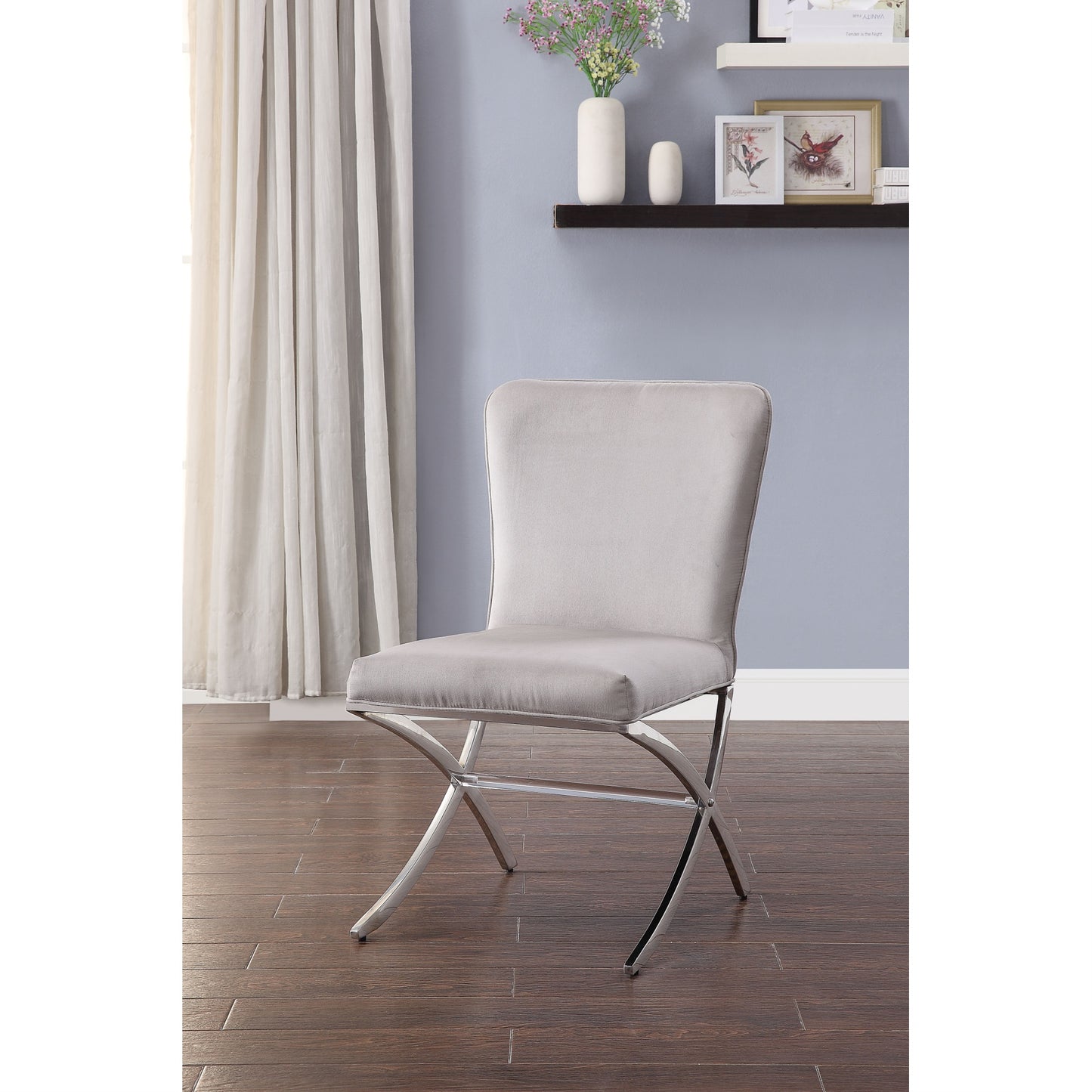 CasaFoyer Daire Velvet & Chrome Side Chair Set of 2 - Light Gray Cushion, Armless Design, Metal "X" Shape Legs - Acme Furniture