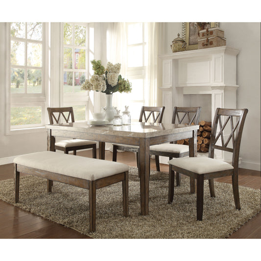 CasaFoyer Acme Furniture Claudia Dining Table - Rectangular Leg Table with White Marble Top & Salvage Brown Legs. Padded Beige Linen Chairs Sold Separately.