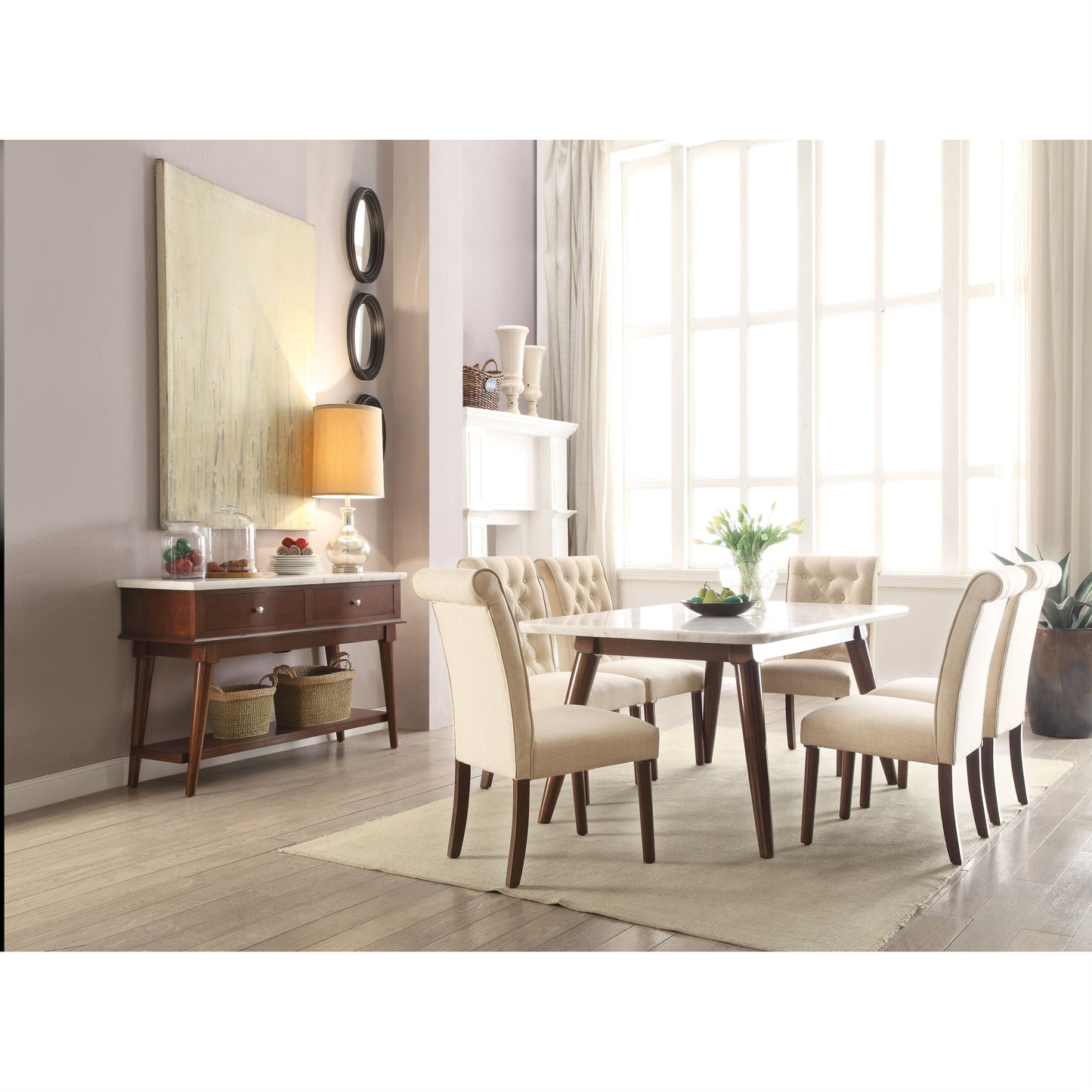CasaFoyer Acme Furniture Gasha Dining Table - White Marble Top, Walnut Legs - 64" Rectangular Leg Table with Beige Linen Parson Chairs & Server